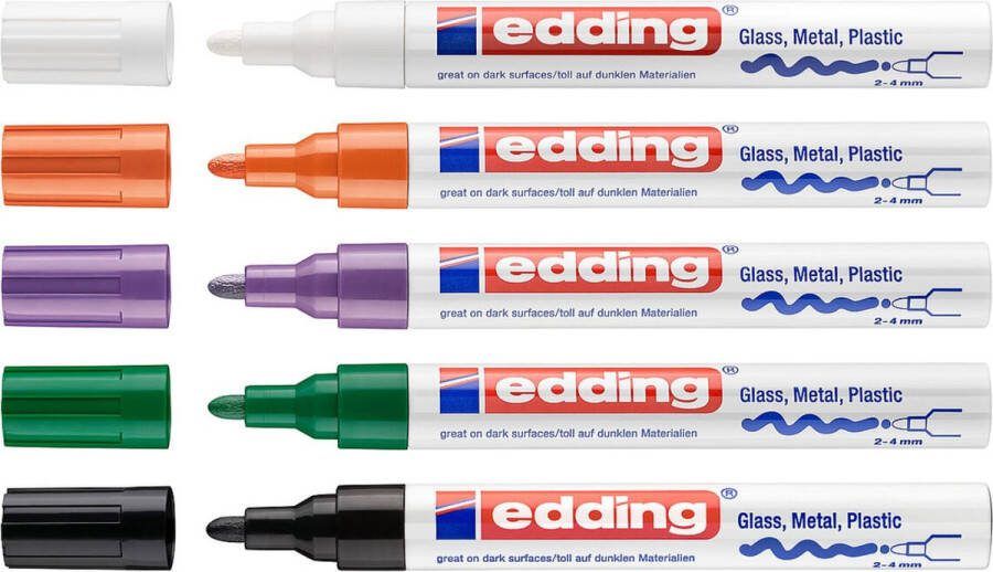 Edding Halloween pakket basis 750 lakmarker – zwart wit paars groen oranje verfstift voor het versieren van pompoen en andere oppervlaktes zoals metaal glas steen of plastic hittebestendig permanent veegvast en watervast