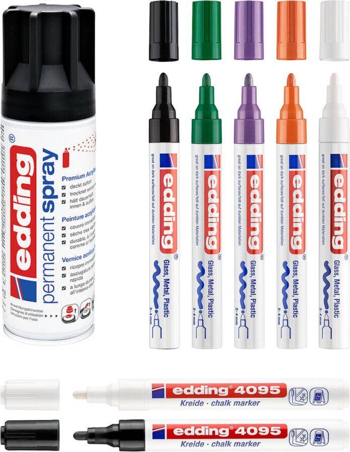 Edding Halloween pakket compleet 750 lakmarker 4095 krijtmarker 5200 permanent spray – zwart wit paars groen oranje – pompoenen versieren – ramen versieren – nog vele andere oppervlaktes versieren