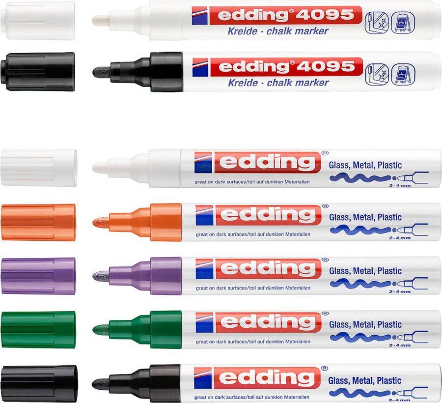 Edding Halloween pakket uitgebreid 750 lakmarker en 4095 krijtmarker – zwart wit paars groen oranje verfstift voor het versieren van pompoen en andere oppervlaktes krijtmarker voor het versieren van ramen en krijtborden