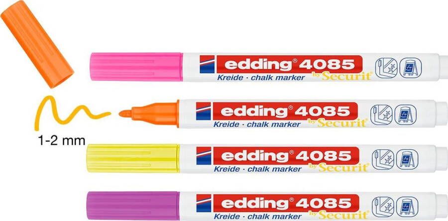 Edding Krijtstift 4085 4 kleuren krijtmarkers: neon-roze neon-geel neon-oranje en frambozenrood ronde punt 1-2mm