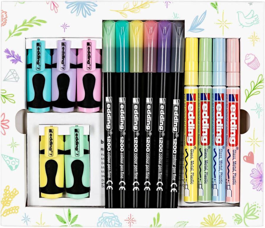 Edding pastel promotie set assorti 15 pastel tekenproducten 5x e-7 highlighters 5x e-1200 teken- viltstifeten 5x e-751 glanslakmarkers -i deaal om mee te tekenen en te kleuren