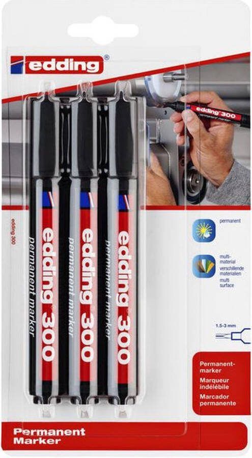 Edding Viltstift 300 rond 1.5-3mm blist3 zwart Blister a 3 stuk 10 stuks