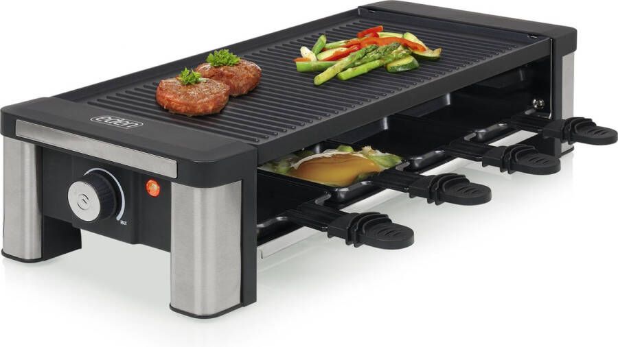 Eden Appliances Gourmet 8 personen Eden ED-7018 Gourmetstel Raclette gourmetset gourmetstellen Grillplaat Raclette toestel Omkeerbare grill- en bakplaat 39 x 20 cm 1200 W zwart