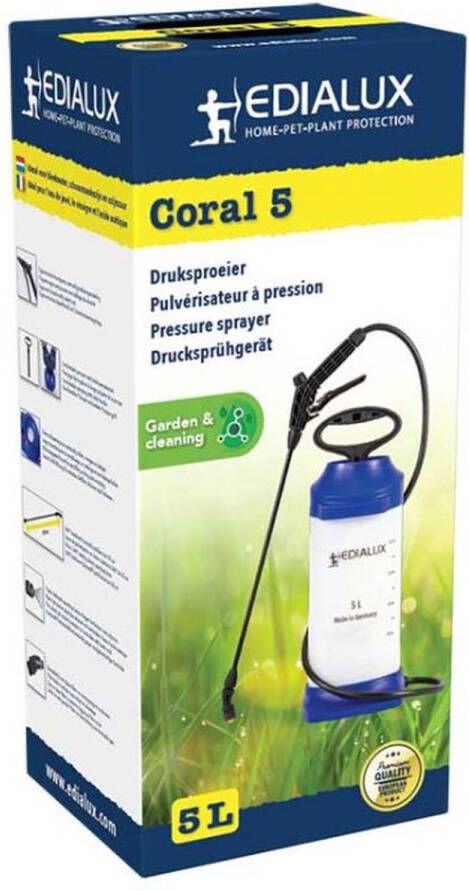 Edialux Druksproeier 5 liter Coral 5 Drukspuit Geschikt voor onkruidbestrijding en gewasbeschermingsmiddelen Geschikt voor schoonmaakazijn