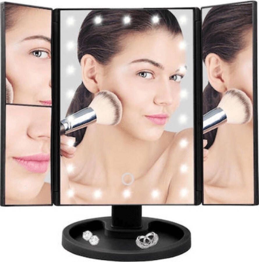 Edmondo Make Up Spiegel – Zwart LED Spiegel Verlichting – Spiegel met Licht Make Up Cosmetica Spiegel Scheerspiegel Staand met 2 Vergrootspiegels op Batterijen of USB (kabel incl)