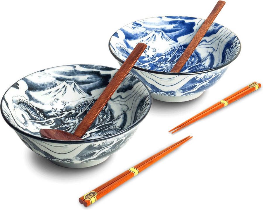 Edo Japan Luxe Ramenbowlset Draak 2 Persoons Ramen bowl set 6 Delig Ø22 cm H9 cm Ramen bowl Noodles ramen Noodle kom Sushi stokjes Houten Lepel Chopsticks Eetstokjes Soeplepel Kom Schaal Sushi servies