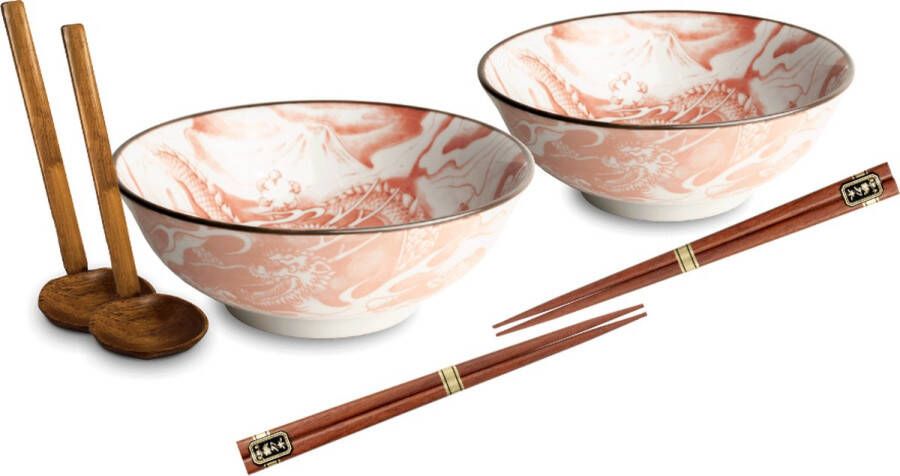 Edo Japan Luxe Ramenbowlset Draak Rood 2 Persoons Ramen bowl set 6 Delig Ø22 cm H9 cm Ramen bowl Noodles ramen Noodle kom Sushi stokjes Houten Lepel Chopsticks Eetstokjes Soeplepel Kom Schaal Sushi servies