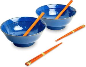 Edo Japan Luxe Ramenbowlset Ichihara Denim 2 Persoons Ramen bowl set 6 Delig Pokebowl Ramen bowl Noodles ramen Noodle kom Sushi stokjes Houten Lepel Chopsticks Eetstokjes Soeplepel Kom Schaal Sushi servies