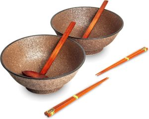 Edo Japan Luxe Ramenbowlset Odo 2 Persoons Ramen bowl set 6 Delig Ø22 cm H9 cm Ramen bowl Noodles ramen Noodle kom Sushi stokjes Houten Lepel Chopsticks Eetstokjes Soeplepel Kom Schaal Sushi servies