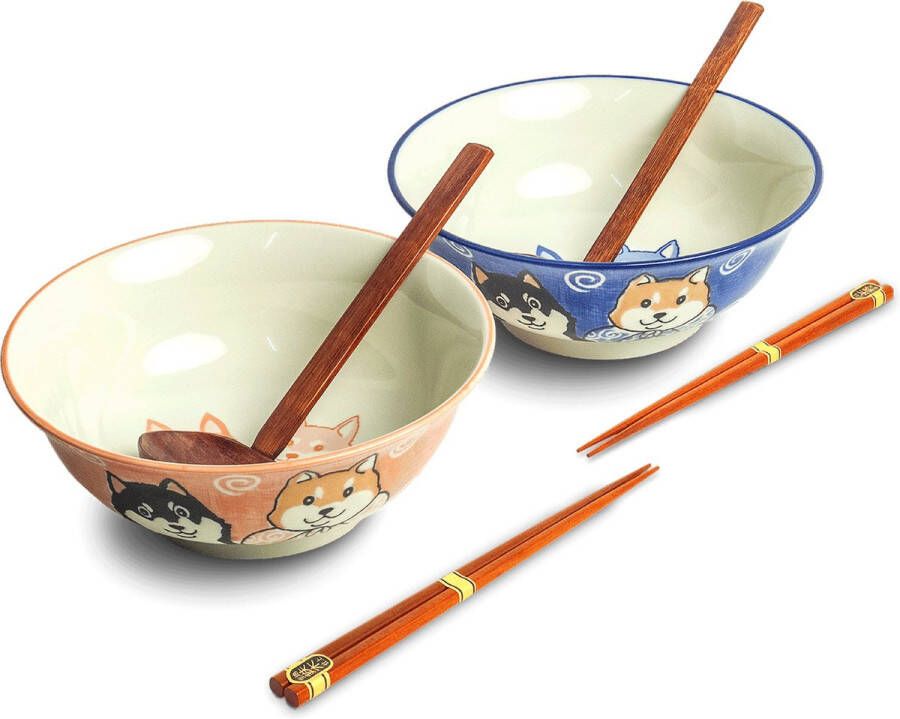 Edo Japan Luxe Ramenbowlset Shiba 2 Persoons Ramen bowl set 6 Delig Ø22 cm H9 cm Ramen bowl Noodles ramen Noodle kom Sushi stokjes Houten Lepel Chopsticks Eetstokjes Soeplepel Kom Schaal Sushi servies