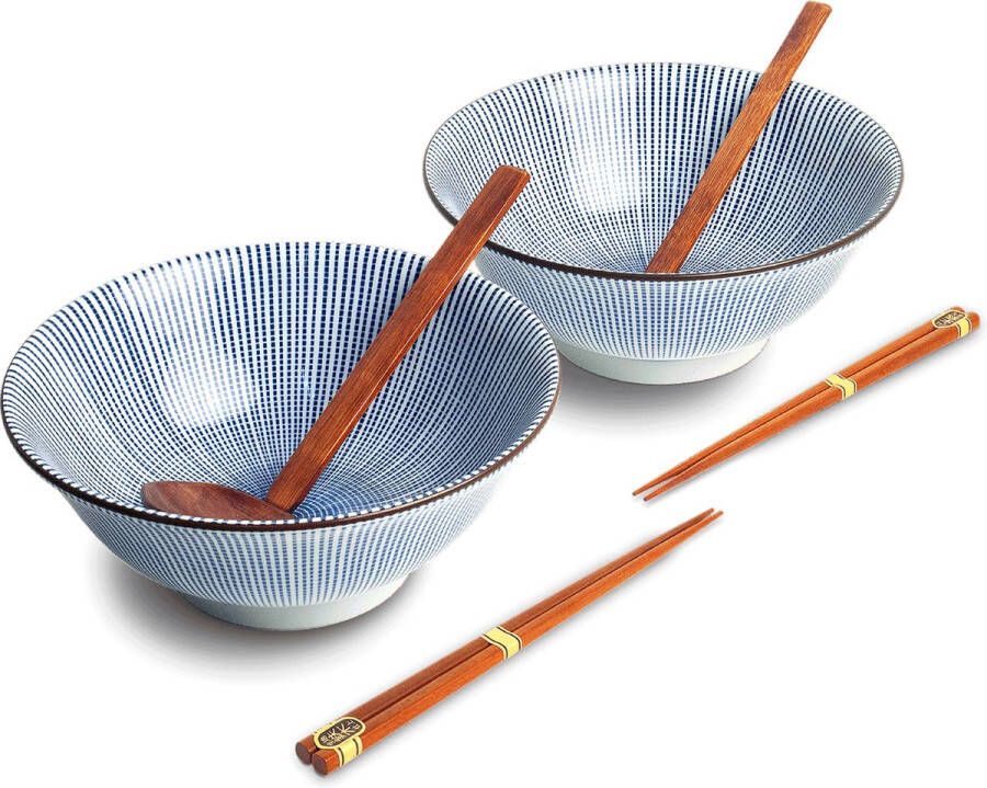 Edo Japan Luxe Ramenbowlset Tokusa 2 Persoons Compleet set Ramen bowl set 6 delig Blauw Ø22 cm H9 cm Ramen bowl Sushi stokjes Chopsticks Eetstokjes Houten lepel Soeplepel Kom 100% Porselein Schaal Sushi servies