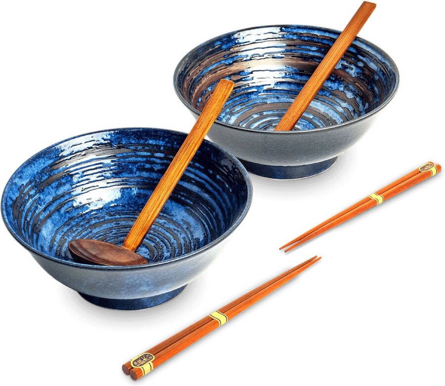 Edo Japan Luxe Ramenbowlset Uzu 2 Persoons Ramen bowl set 6 Delig Ø22 H9 cm Ramen bowl Noodles ramen Noodle kom Pokebowl Sushi stokjes Houten Lepel Chopsticks Eetstokjes Soeplepel Kom Schaal Sushi servies