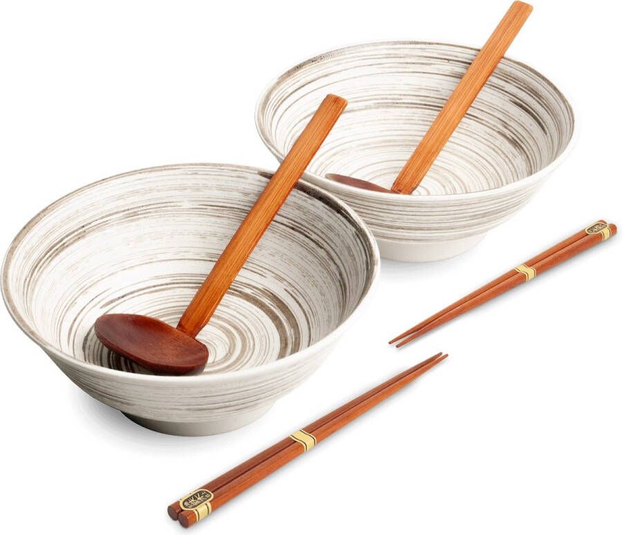 Edo Japan Luxe Ramenbowlset Uzu Wit 2 Persoons Ramen bowl set 6 Delig Ø22 cm H9 cm Ramen bowl Noodles ramen Noodle kom Sushi stokjes Chopsticks Eetstokjes Soeplepel Schaal Sushi servies