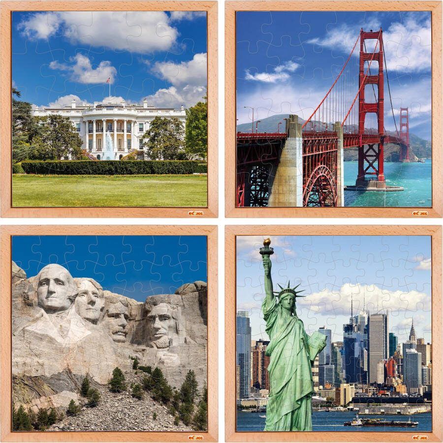 Educo 4x Kinderpuzzel Educatief Speelgoed Amerika 40x40cm Set van 4 fotopuzzels met verschillende moeilijkheidsgraad Educatieve puzzel voor kinderen Legpuzzel Puzzel voor kinderen Vanaf 4 jaar