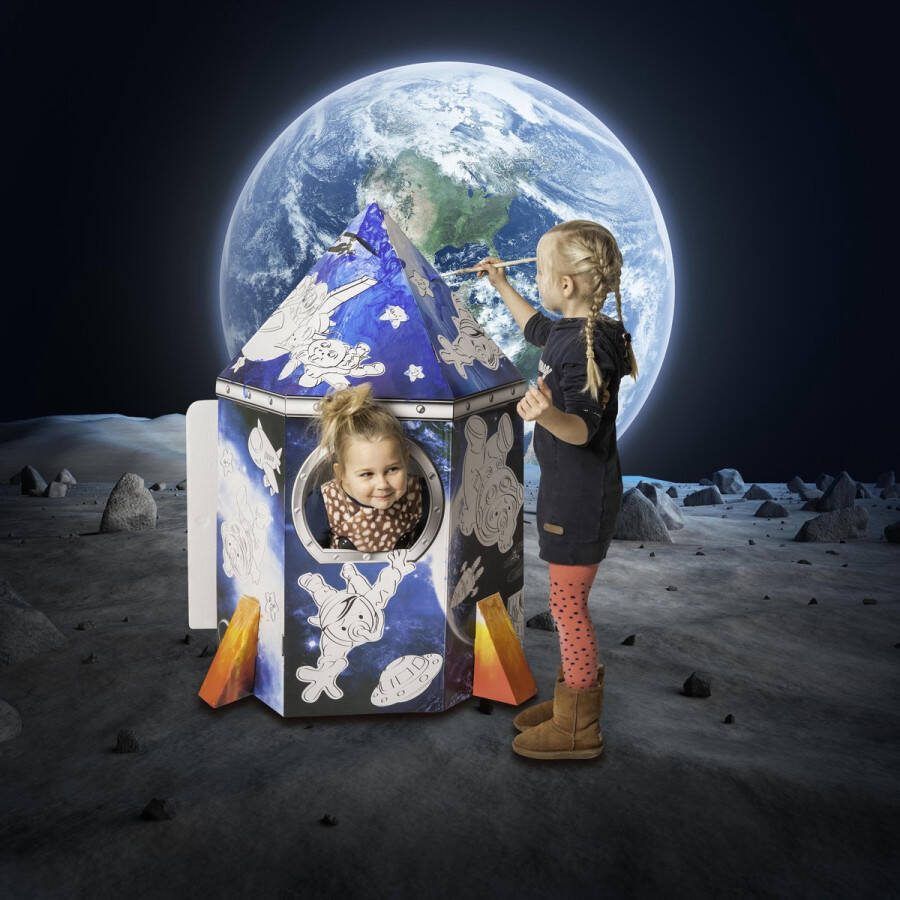 Educo bedrukt Speelhuis karton Bouwpakket Raket 120cm hoog Kleur je eigen speelhuis binnen in Speeltent met raam Incl. Handleiding Vanaf 6 jaar
