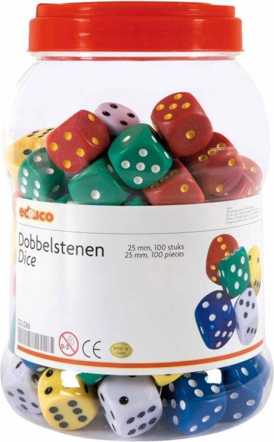 Educo Dobbelstenen 25mm kleuren assorti pot à 100 stuks