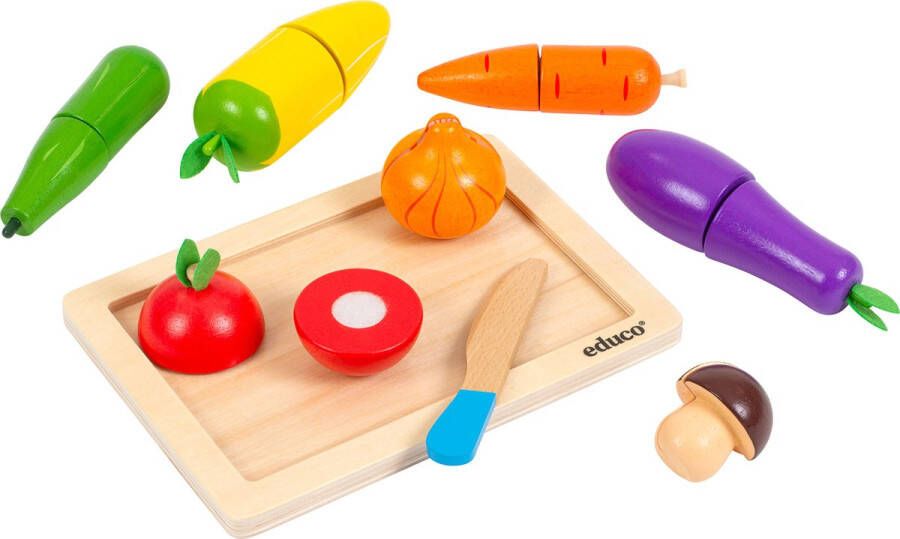 Educo Houten Speelgoed Groente 7 stuks Groente Sensorisch Speelgoed Groente snijden Incl. Accessoires voor Speelgoed Keuken Educatief Speelgoed Eten Vanaf 3 jaar