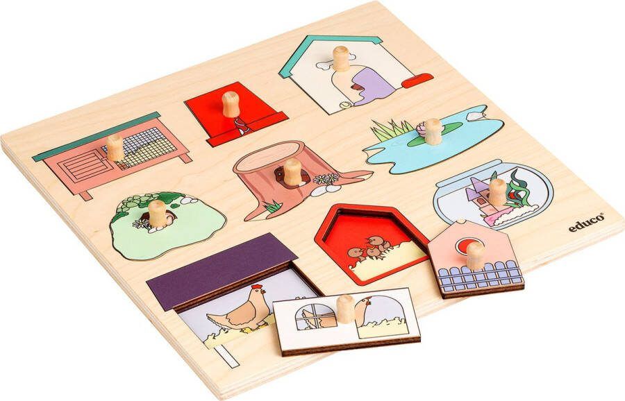 Educo Inlegpuzzel Dierenhuisjes Verassingspuzzel Houten speelgoed Houten puzzel Educatief speelgoed Kinderspeelgoed 9 stukjes