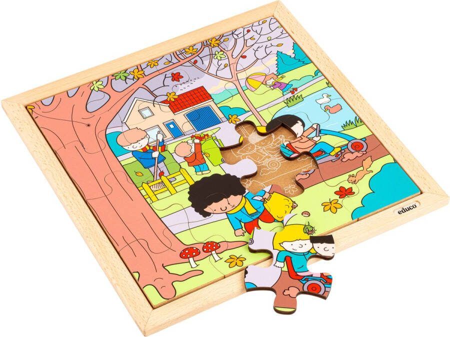 Educo Seizoenen Kinder Puzzel Herfst 34x34cm 16 stukjes Kinderpuzzels Legpuzzel Educatief speelgoed Incl. Houtenframe Vanaf 3 jaar