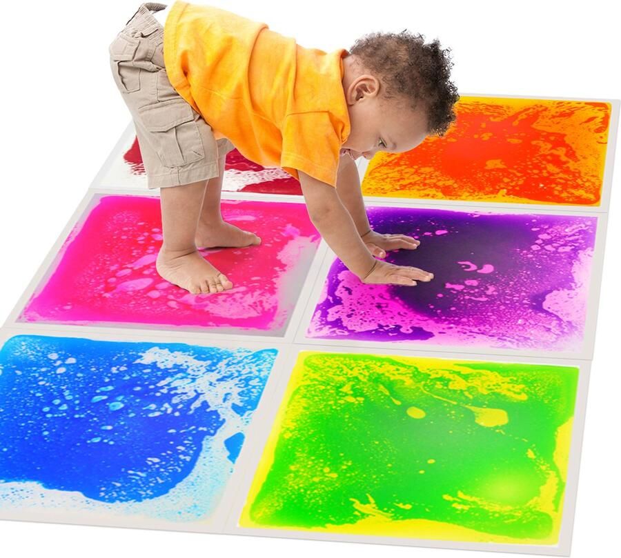 Edusense Set van 6 Sensorische Vloeistof Vloertegels 50x50cm Kleurrijk Sensory Vierkante Vloeibare Speelmat Antisliprug Ideaal voor Actief Spelen Dansen en Spelen