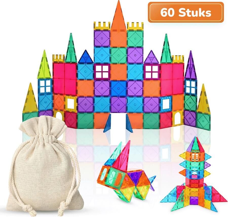 Eduvate Magnetic Tiles Magnetisch Speelgoed 60 Stuks Magnetisch Bouwspeelgoed Magnetische Bouwstenen Montessori Speelgoed Gratis Opbergtasje