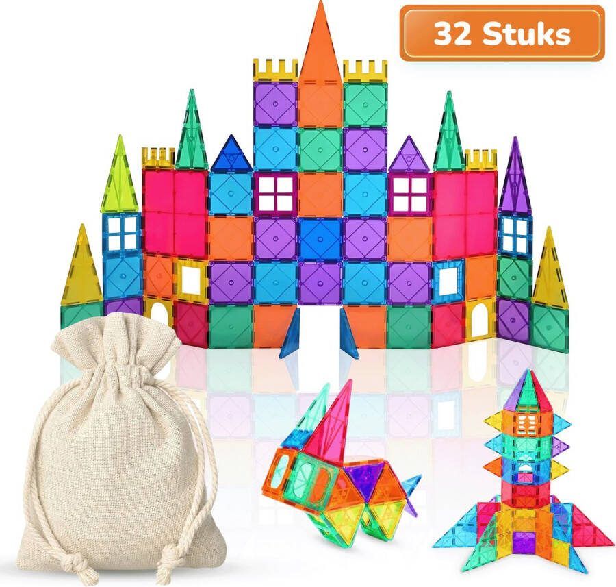 Eduvate Magnetic Tiles Magnetisch Speelgoed 32 Stuks Magnetisch Bouwspeelgoed Magnetische Bouwstenen Montessori Speelgoed Gratis Opbergtasje