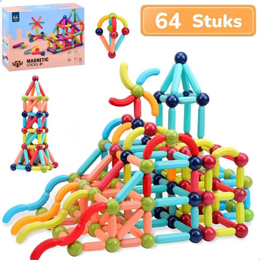 Eduvate Magnetisch Speelgoed Magnetisch Bouwspeelgoed Magnetische Staafjes Magnetische Bouwblokken Montessori Speelgoed 64 Stuks