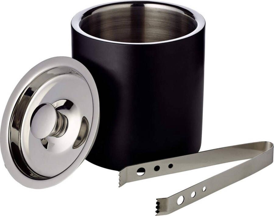 Edzard ijsemmer Pearl dubbelwandig ijsblokbakje met deksel hoogte 16 5 cm ijskoeler hoogglanzend gepolijst roestvrij staal in matzwart (voor ijsblokjes incl. roestvrij stalen ijstang)