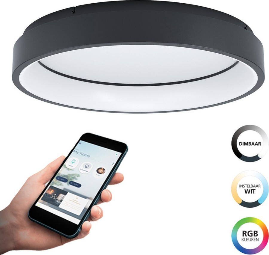 EGLO Plafondlamp MARGHERA-Z plafondlamp zwart ZigBee 3.0 disco-modus lamp Timer App spraakbesturing Alexa ‎‎‎‎60x60x110cm excl. afstandsbediening (1 stuk)