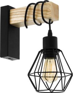 EGLO Wandlamp TOWNSHEND 5 zwart l14 x h24 5 x b24 cm excl. 1x e27 (elk max. 60 w) wandlamp retro vintage lamp met hout slaapkamerlamp bedlampje nachtlampje houten lamp