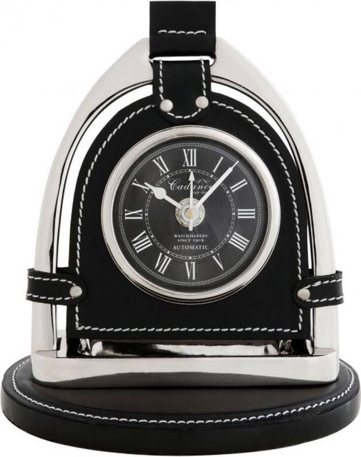 Eichholtz tafelklok Clock Cadance buroklok nikkel met zwart leder stijl ruiter stijgbeugel paard