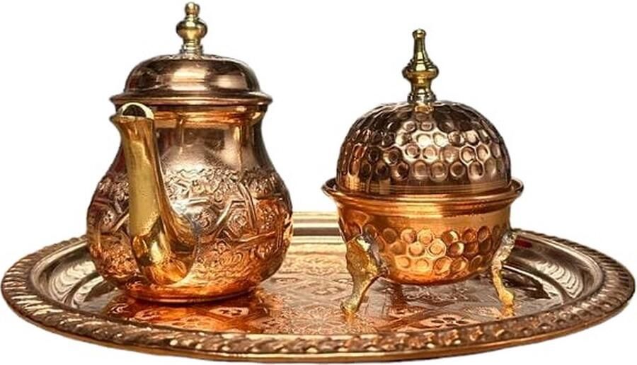 Eigen Set Messing dienblad met theepot en suikerpotje rose