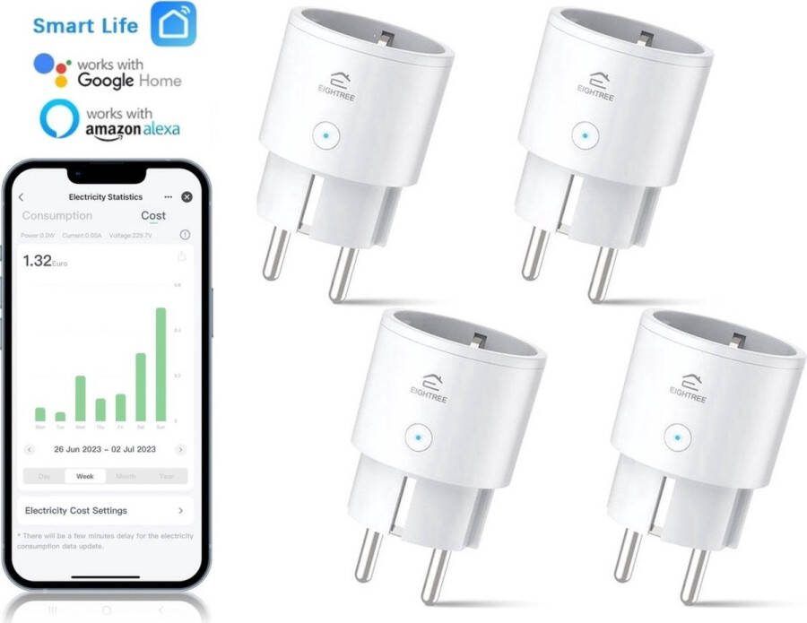 Eightree Smart Plug Wifi 4-delige set Slimme Stekker App Bediening Verbruiksmeter Energiemeter -Spraakbediening met Alexa & Google Home ET20-1