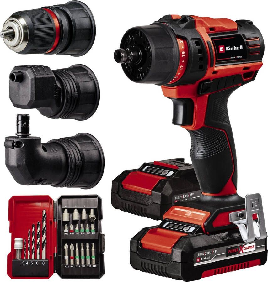 Einhell Accu Boor- Schroefboormachine TE-CD 18 45 3X-Li+22 Power X-Change 18 V Li-ion 45 Nm afneembare boorkop haaks opzetstuk excenteropzetstuk 22-delige bitset 2x2.0 Ah-accu Incl. oplader + E-Box