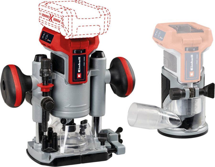 Einhell Accu Boven- Kantenfrees TP-RO 18 Set Li BL Solo Power X-Change 18 V Li-ion 6 en 8 mm spantang Koolborstelloze motor Incl. accessoires + tas Excl. accu en lader