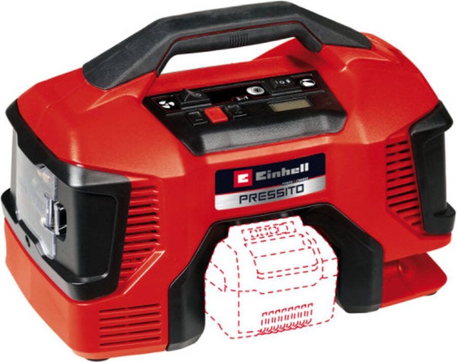 Einhell Accu Compressor PRESSITO 18 21 Li Solo Power X-Change 18 V Li-Ion 18.000 t min Aanzuigcapaciteit Hogedruk- Lagedrukpomp: 21 370 l min Max. werkdruk hogedrukpomp: 10.5 bar Incl. 3-delige adapterset Excl. accu en lader
