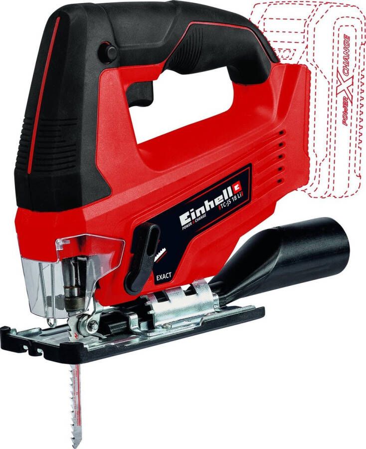 Einhell Accu decoupeerzaag TC-JS 18 Li Solo Power X-Change (li-ion 18 V 20 mm slaghoogte versteksneden max. 45° pendelbeweging gereedschapsloze zaagbladopname incl. zaagblad zonder accu lader)