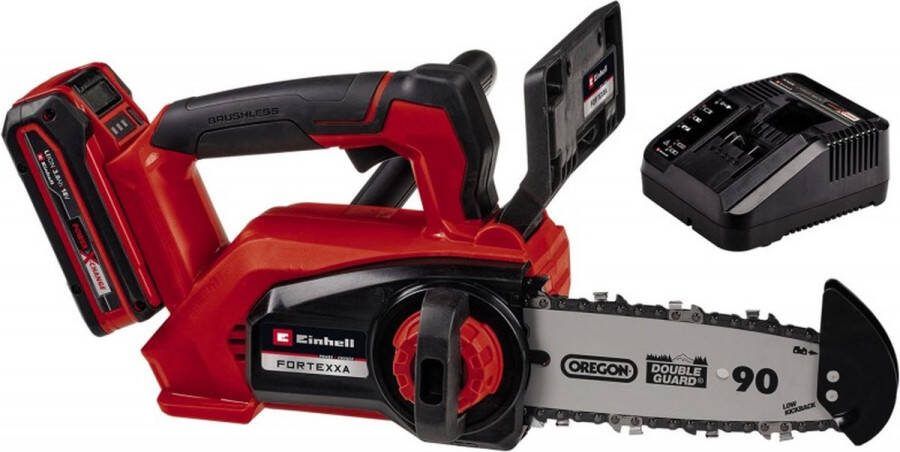 Einhell accu Kettingzaag FORTEXXA 18 20 TH Power X-Change (Li-ion 18 V koolborstelloze motor 20 cm lang OREGON zwaard & kwalitatieve OREGON ketting max. 3800 t min incl. 3.0 Ah accu en snellader)