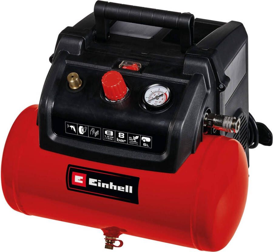 Einhell Compressor TC-AC 190 6 8 (1200 W max. 8 bar aanzuigcapaciteit 190 l min tank 6 liter olievrije pomp manometer snelkoppeling)
