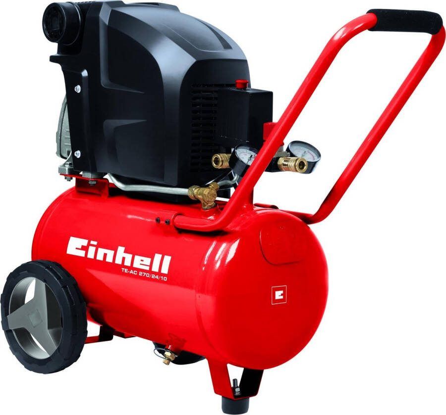 Einhell Compressor TE-AC 270 24 10 (10 bar olie gesmeerd kijkglas voor nazien oliepeil 24 L tank grote manometer en snelkoppeling grote wielen handgreep terugslagklep en veiligheidsventiel)