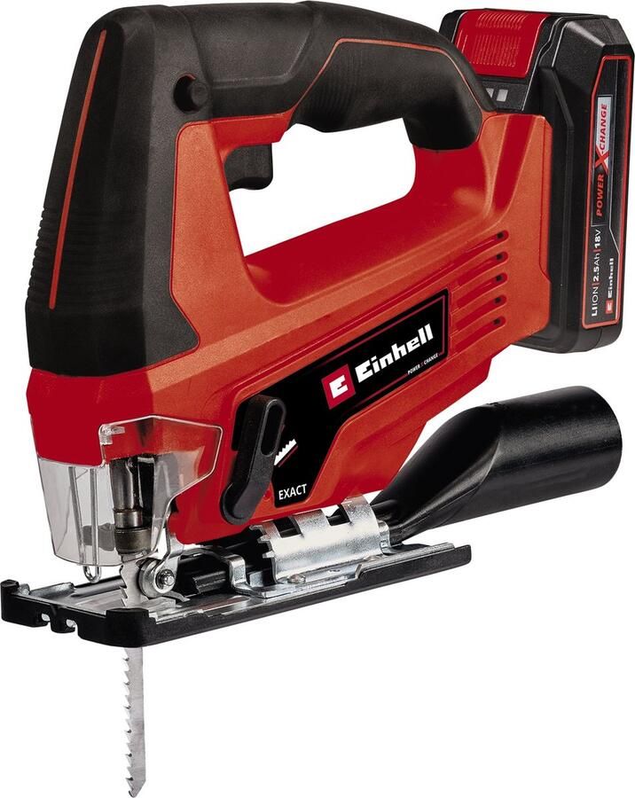 Einhell Accu Decoupeerzaag TC-JS 18 Li Kit Power X-Change 18 V Li-ion Slaghoogte: 20 mm Versteksneden: max. 45° Incl. 5 zaagbladen Incl. 2.5 Ah Accu en 1x lader