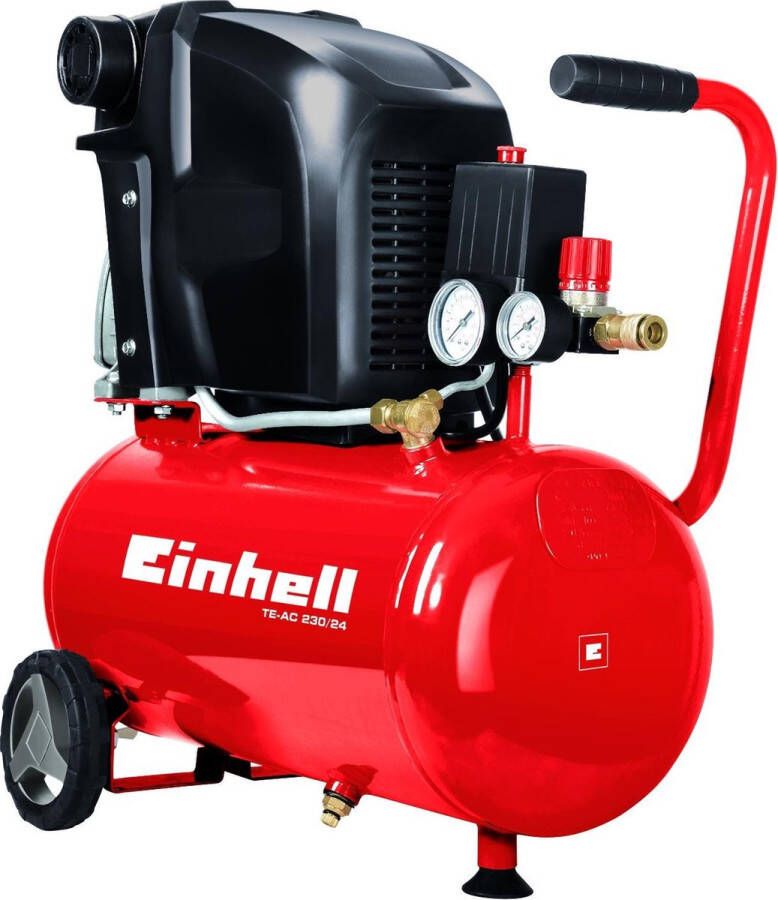 Einhell Compressor TE-AC 230 24 8 (1500 W 8 bar olie gesmeerd kijkglas voor nazien oliepeil 24 L tank manometer en snelkoppeling grote wielen rubberen voet wateraflaatplug)