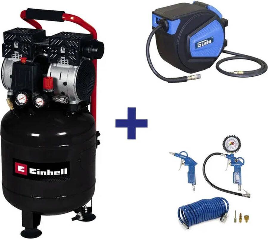 Einhell Gereedschap De Einhell TE-AC 24 Silent Compressor SET Inclusief accessoires & automatische haspel
