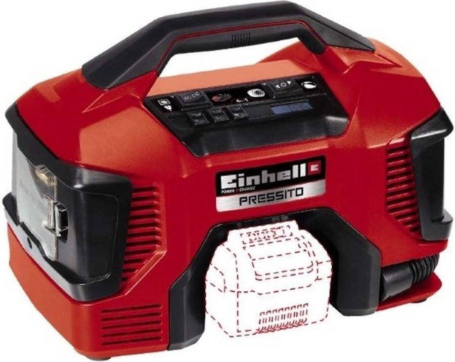 Einhell Accu Compressor PRESSITO Li Solo Power X-Change 18 V Li-Ion Aanzuigcapaciteit Hogedruk- Lagedrukpomp: 21 380 l min Max. werkdruk hogedrukpomp: 11 bar Incl. 3-delige adapterset Excl. accu en lader