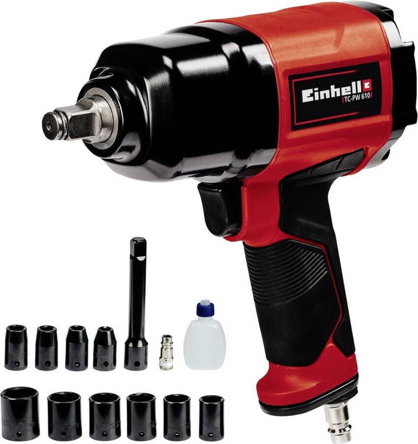 Einhell Pneumatische Slagmoersleutel TC-PW 610 (610 Nm anti-slip rubberen handgreep linskloop en rechtsloop incl. 10 dopsleutels 1x 125 mm verlenging transport en opbergkoffer)