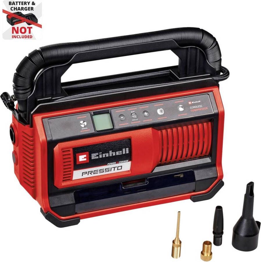 Einhell Accu Compressor PRESSITO 18 25 Li Solo Power X-Change 18 V Li-Ion Aanzuigcapaciteit Hogedruk- Lagedrukpomp: 25 360 l min Max. werkdruk hogedrukpomp: 11 bar Incl. 3-delige adapterset Excl. accu en lader