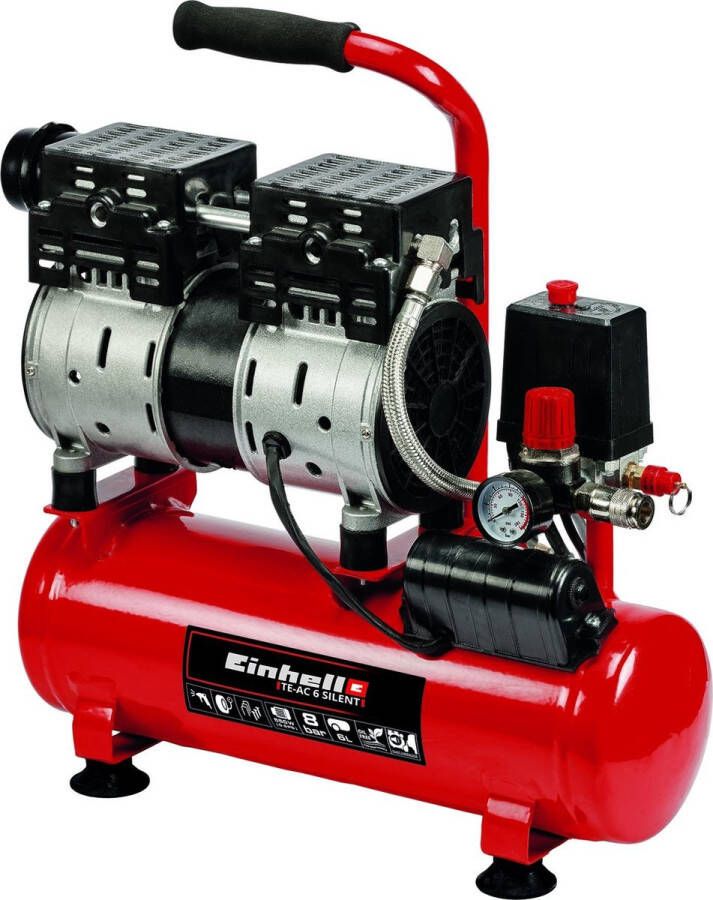 Einhell Compressor TE-AC 6 Silent 550 W 8 bar 6 L tank Aanzuigcapaciteit: 110 l min 57 dB (Stiller dan normale compressoren) Olievrij