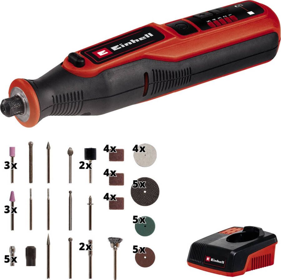 Einhell Accu Roterende Multitool 7 2 V 1.5 Ah Li-Ion 5.500-26.000 t min Spanbereik: 1 6-3 2 mm Max. diameter opzetstukken: Ø32 mm Max. opzetlengte: 18 mm Incl. laadstation + 57-delige accessoireset