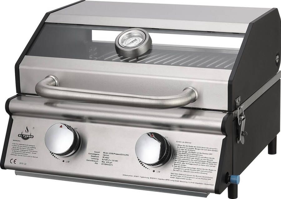 El Fuego Jesolo Tafel Gas Barbecue Portable barbecue Camping barbecue RVS Met doorkijkvenster Inclusief gasslang