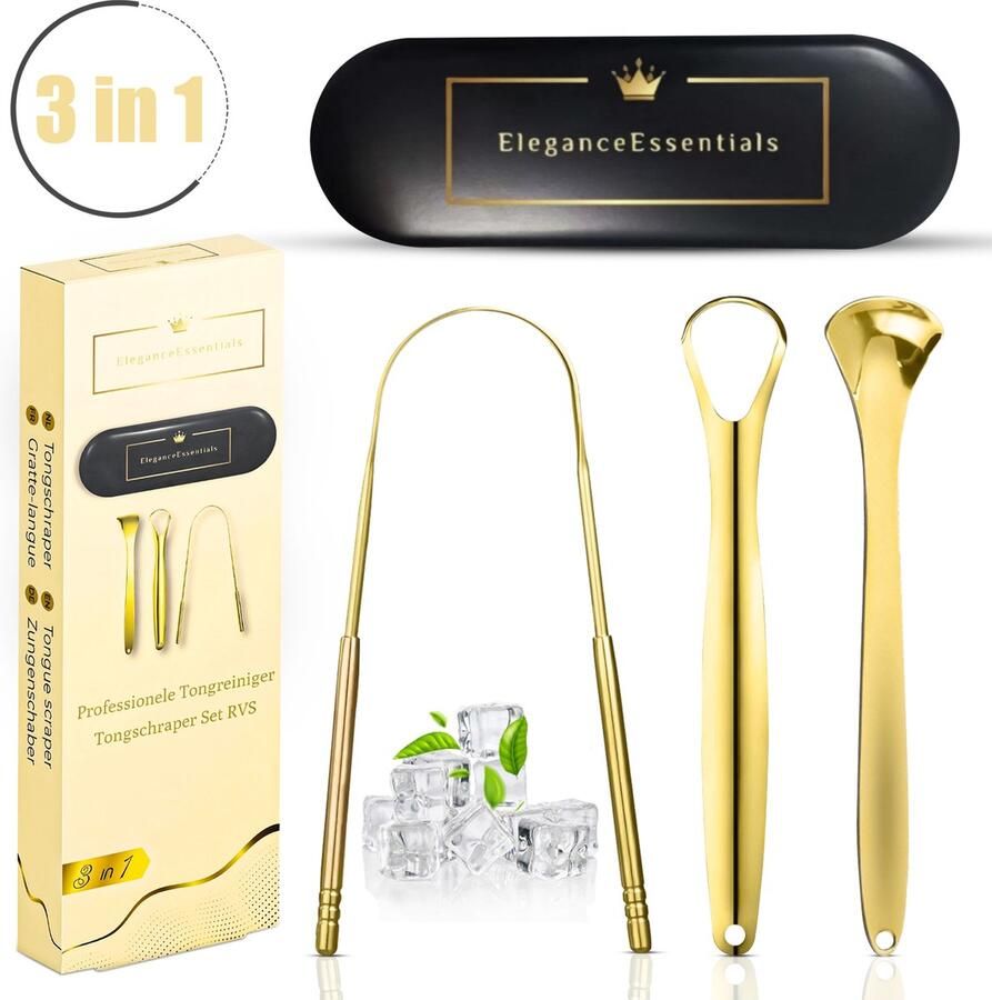 EleganceEssentials PREMIUM Tongschraper Tongschrapers Tongue scraper Tongreiniger Anti-Slechte Adem Roestvrij Staal Professionele tongschraper Tongreiniger Tongschraper koper Mondhygiëne tongschraper 3 in 1 Set
